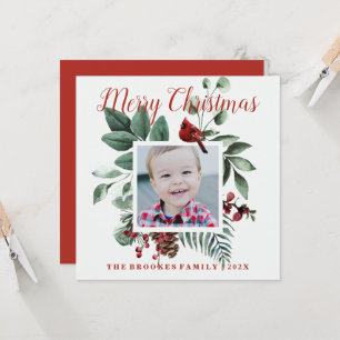 Red Cardinal Floral Merry Christmas Photo Card