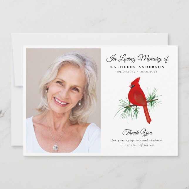 Red Cardinal Funeral Memorial Thank You Card (Front)