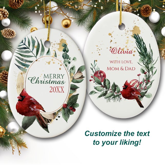 Red Cardinal Green Leaf Wreath Holiday Ceramic Tree Decoration (Creator Uploaded)