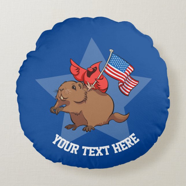 Red Cardinal & Groundhog USA Flag Cartoon And Text Round Cushion (Front)
