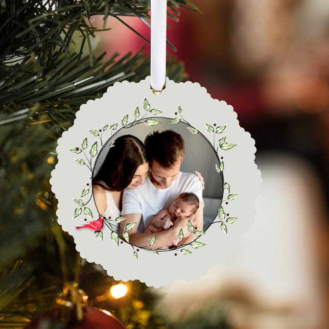 Red Cardinal Happy Holidays Custom Photo Tree Decoration Card (Red cardinal and green wreath holiday photo ornament card.)
