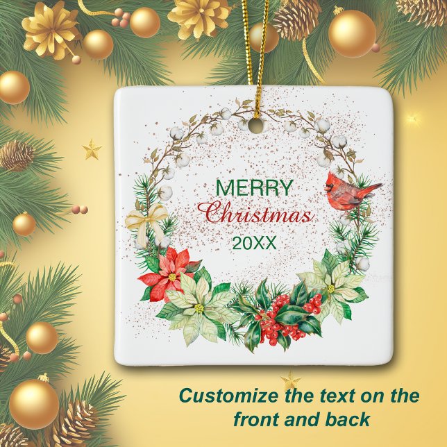 Red Cardinal Holiday Wreath Ceramic Ornament (Creator Uploaded)