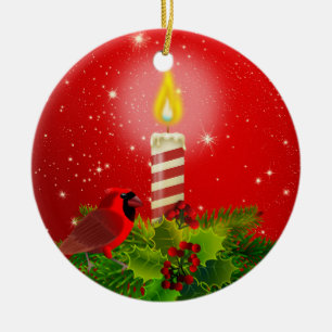 Red Cardinal, Holly and Candle Ceramic Tree Decoration