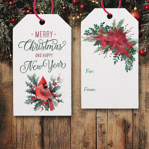 Red Cardinal, Holly, and Poinsettia Christmas Gift Tags