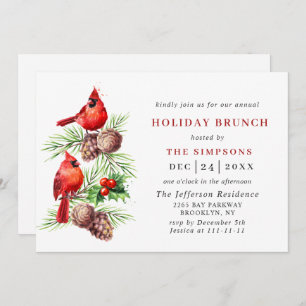 Red Cardinal Holly Berry Christmas HOLIDAY BRUNCH Invitation