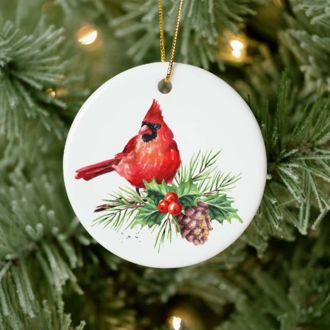 Red Cardinal Holly Berry Christmas Holiday Ceramic Tree Decoration (Tree)