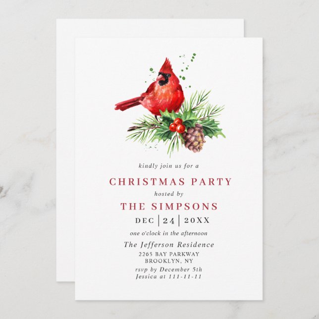 Red Cardinal Holly Berry Christmas Holiday Party Invitation (Front/Back)