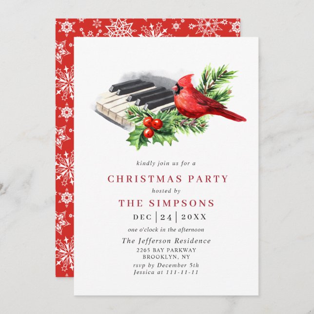 Red Cardinal Holly Berry Christmas Holiday Party Invitation (Front/Back)