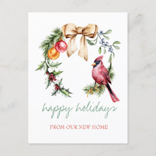 Red Cardinal Holly Berry Holiday Announcement Postcard