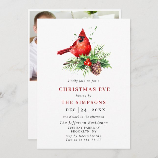 Red Cardinal Holly Berry Holiday CHRISTMAS EVE Invitation (Front/Back)