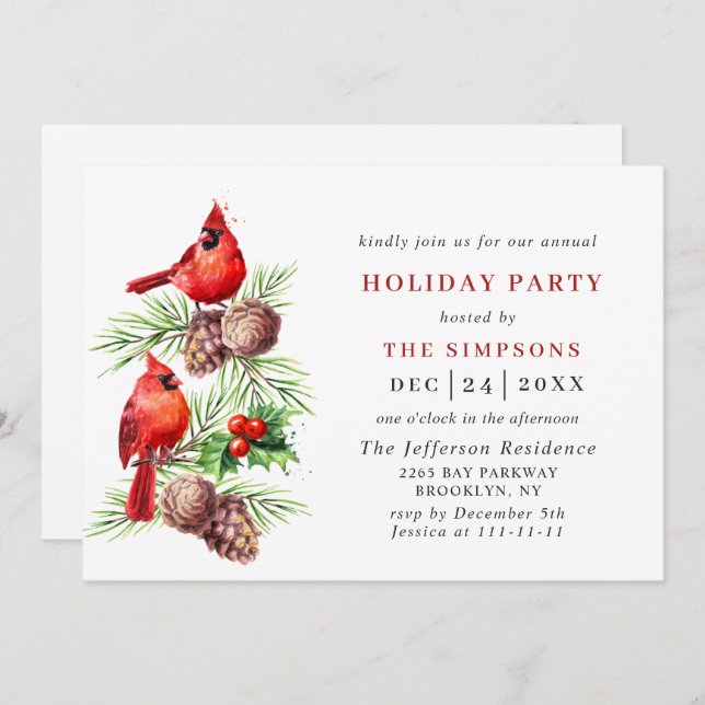Red Cardinal Holly Berry Holiday CHRISTMAS PARTY Invitation (Front/Back)