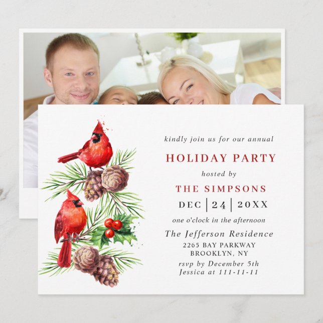 Red Cardinal Holly Berry Holiday CHRISTMAS PARTY Invitation (Front/Back)