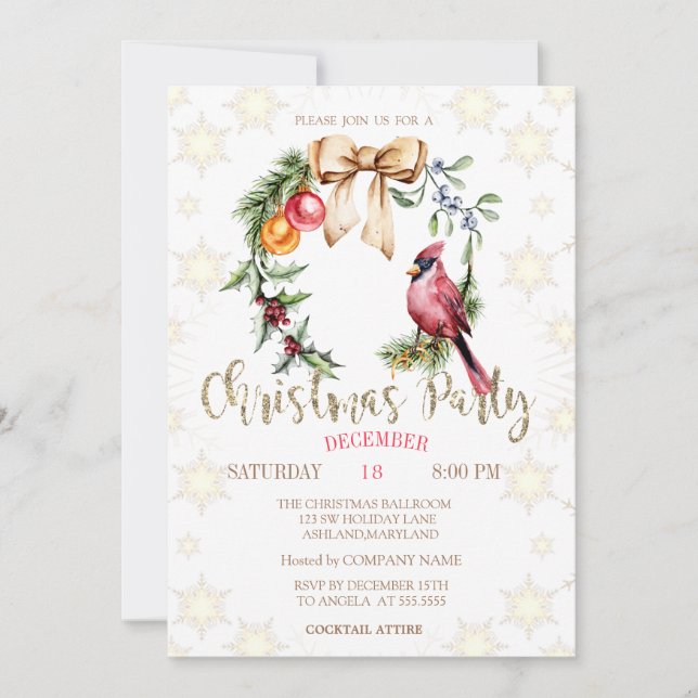 Red Cardinal Holly Berry Snowflakes Christmas  Invitation (Front)