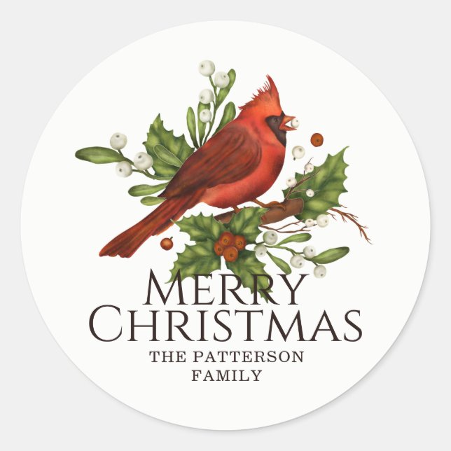 Red Cardinal Holly Christmas Custom Name Classic Round Sticker (Front)