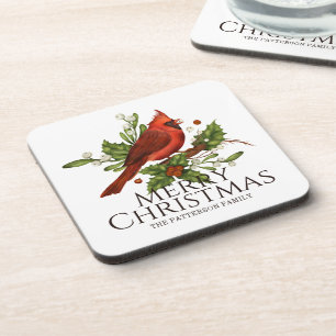 Red Cardinal Holly Christmas Custom Name Gift Coaster