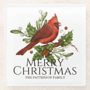 Red Cardinal Holly Christmas Custom Name Gift Glass Coaster