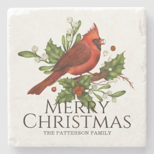 Red Cardinal Holly Christmas Custom Name Gift Stone Coaster