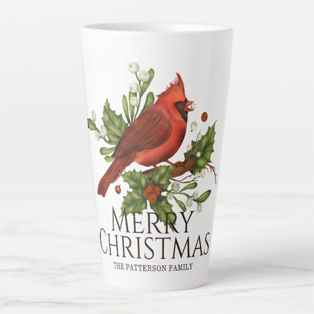 Red Cardinal Holly Christmas Custom Name Latte Mug (Front)