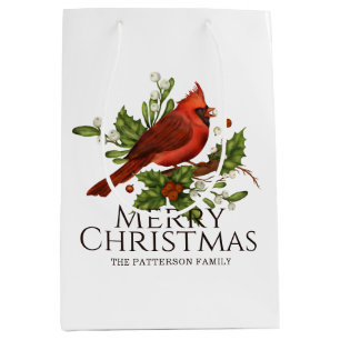 Red Cardinal Holly Christmas Custom Name Medium Gift Bag