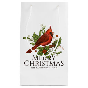 Red Cardinal Holly Christmas Custom Name Small Gift Bag