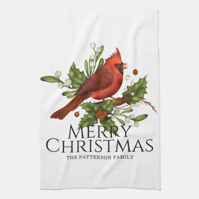 Red Cardinal Holly Christmas Kitchen Gift Tea Towel (Vertical)