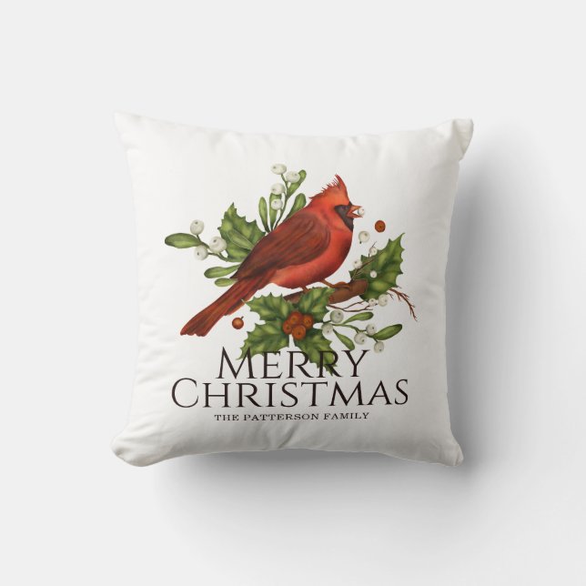 Red Cardinal Holly Christmas Name Gift Cushion (Front)