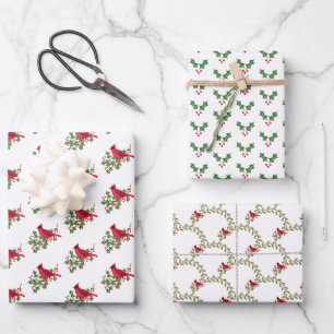 Red Cardinal Holly Leaves and Berries Christmas Wrapping Paper Sheet