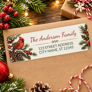 Red Cardinal Holly & Pinecones Return Address