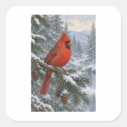 Red Cardinal in a Snowy Woodland Landscape Square Sticker
