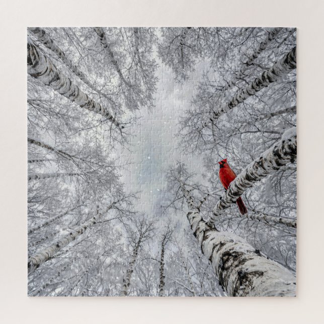 Red Cardinal In a Winter White Birch Forest Jigsaw Puzzle (Vertical)