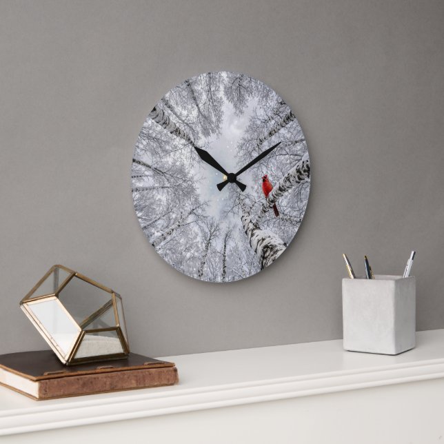 Red Cardinal In a Winter White Birch Forest Large Clock (Office)