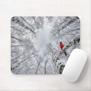Red Cardinal In a Winter White Birch Forest Mouse Pad