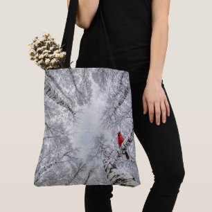 Red Cardinal In a Winter White Birch Forest Tote Bag
