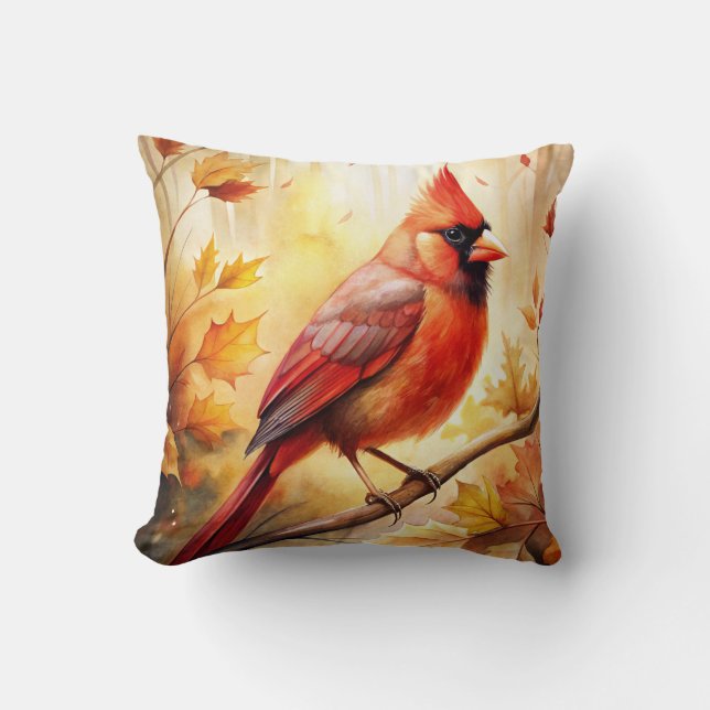 Red Cardinal in Autumn Fall Cushion (Front)
