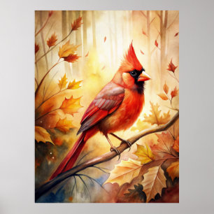 Red Cardinal in Autumn Fall Poster
