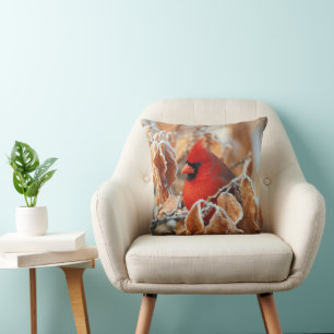 Red Cardinal in Frosty Autumn Leaves Cushion