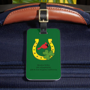 Red Cardinal in Golden Horseshoe with Shamrock Luggage Tag