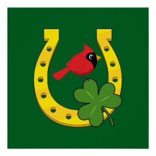 Red Cardinal in Golden Horseshoe with Shamrock Poster