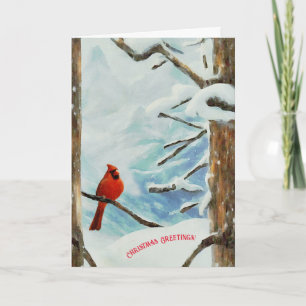 Red Cardinal in Snow Trees Christmas Holiday Card