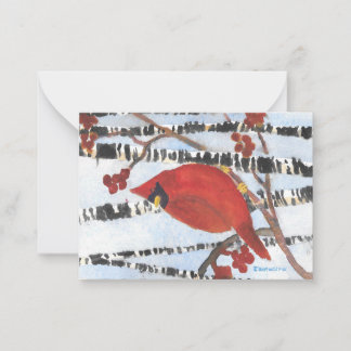 RED CARDINAL IN WHITE BIRCHES WITH BERRIES CARD