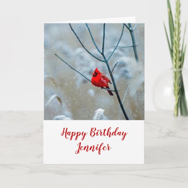 Red Cardinal in Winter Nature Photo Birthday Card (Front)
