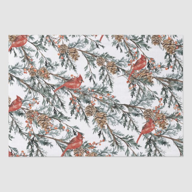 Red Cardinal Juniper Branches Berries Tissue Paper (Front)