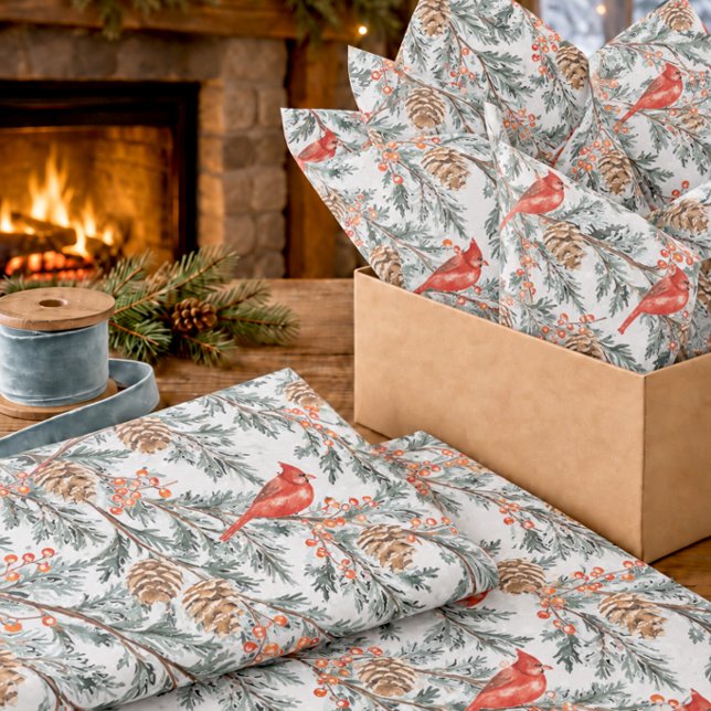 Red Cardinal Juniper Branches Berries Tissue Paper (Creator Uploaded)
