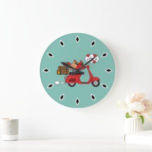 Red Cardinal Lovers on Scooter Large Clock