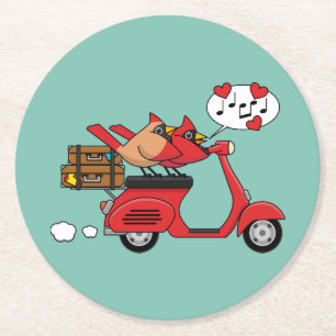 Red Cardinal Lovers on Scooter Round Paper Coaster