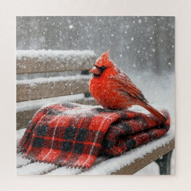 Red Cardinal on a Snowy Plaid Blanket Jigsaw Puzzle (Vertical)
