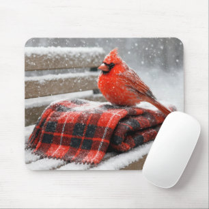 Red Cardinal on a Snowy Plaid Blanket Mouse Pad