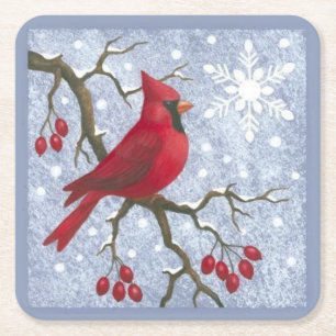 Red Cardinal on a Tree Branch Sketch Square Paper Coaster
