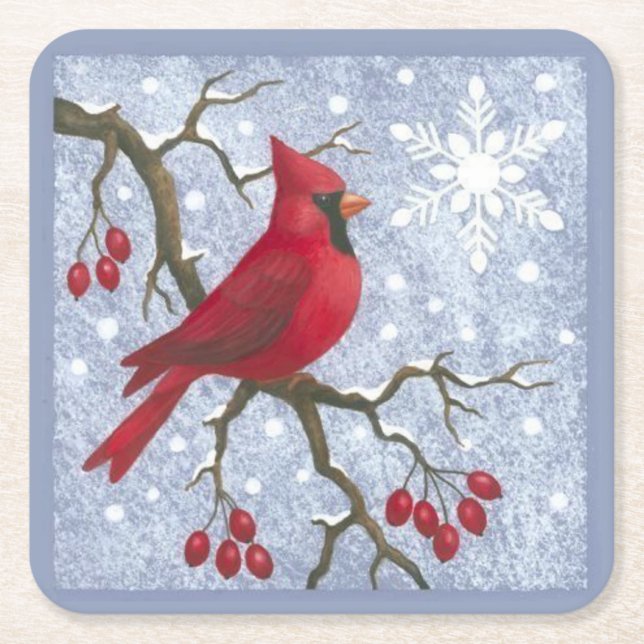 Red Cardinal on a Tree Branch Sketch Square Paper Coaster (Front)