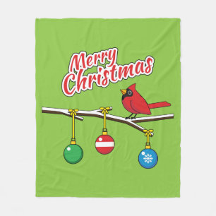 Red Cardinal on Christmas Bare Branch - Merry Xmas Fleece Blanket